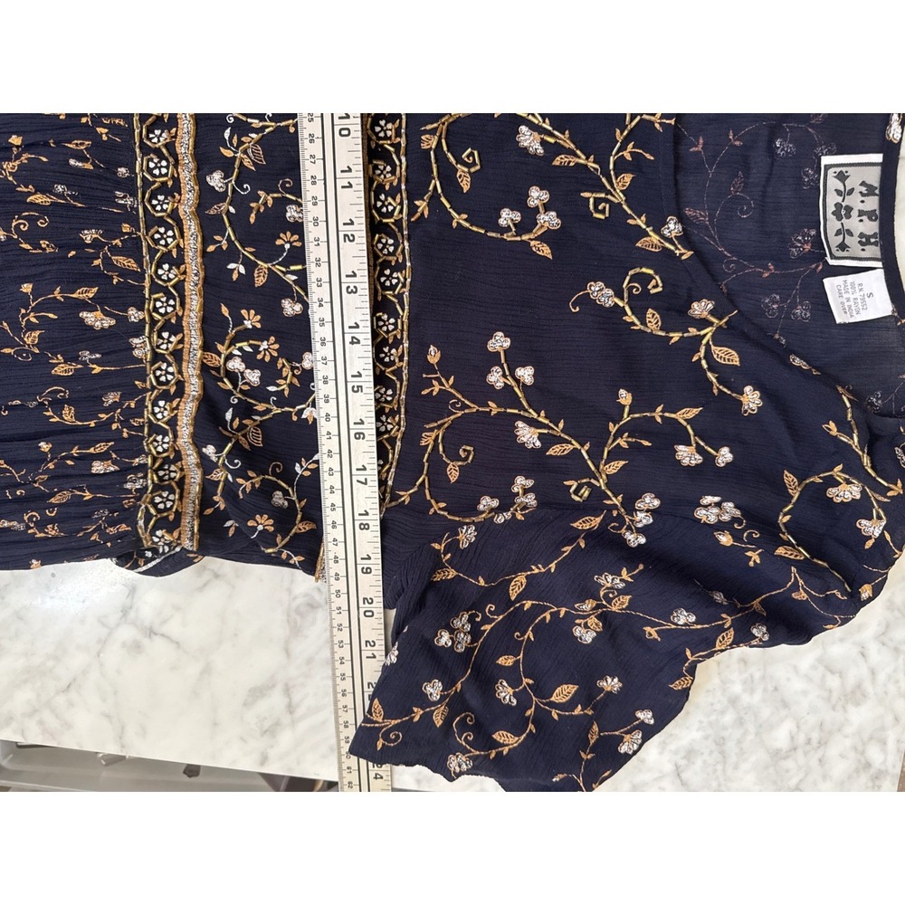 VTG MPH Navy Blue Floral Beaded Rayon Empire Waist Midi Dress Womens Small India - Picture 5 of 6
